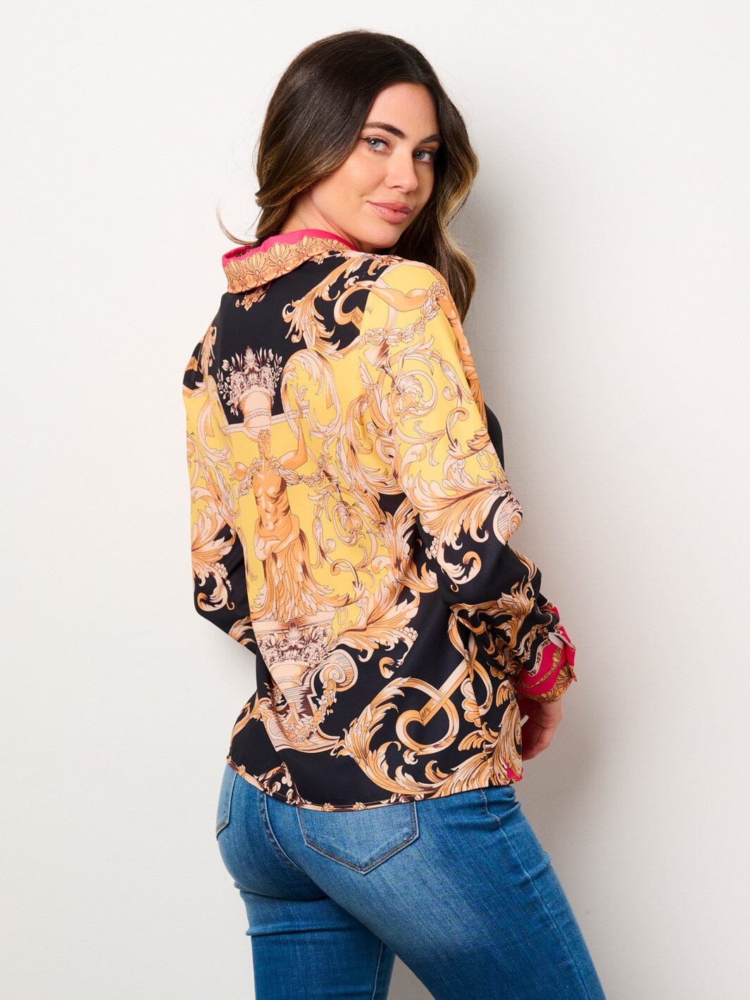 WOMEN'S LONG SLEEVE BUTTON UP MULTI PRINT BLOUSE TOP