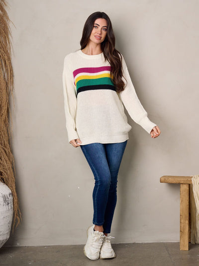 WOMEN'S LONG SLEEVE MULTI COLOR STRIPES SWEATER