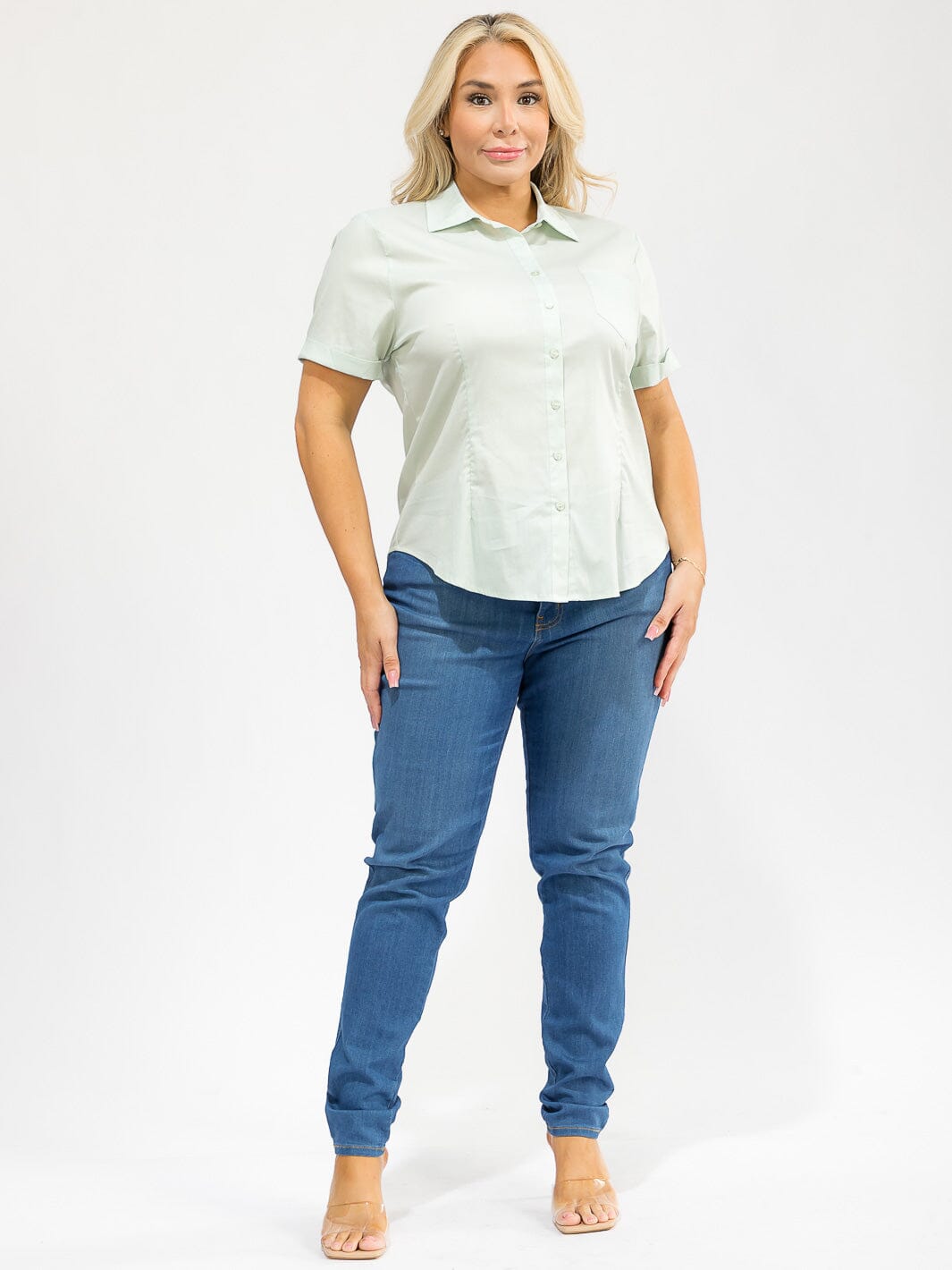 PLUS SIZE SHORT SLEEVE BUTTON UP FRONT POCKET BLOUSE