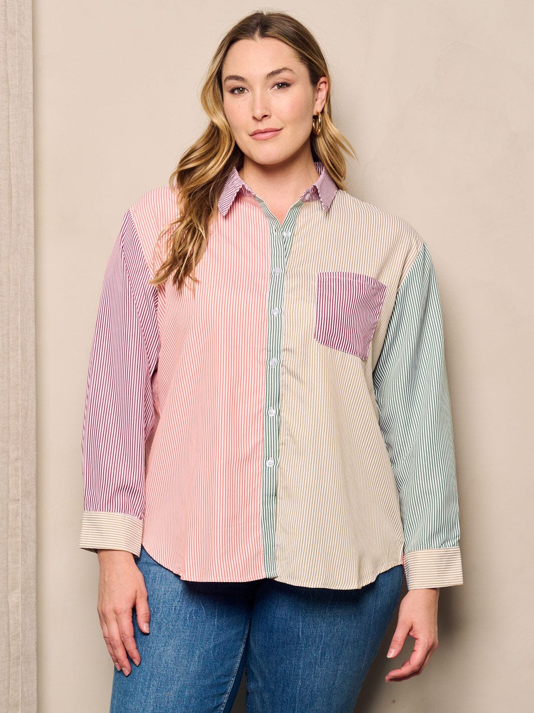 PLUS SIZE LONG SLEEVE BUTTON UP FRONT POCKET COLORBLOCK STRIPES TOP