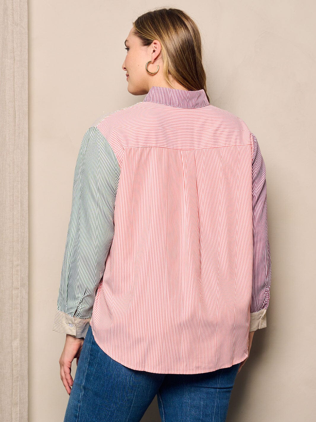 PLUS SIZE LONG SLEEVE BUTTON UP FRONT POCKET COLORBLOCK STRIPES TOP