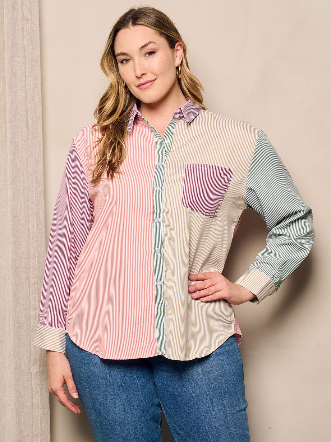 PLUS SIZE LONG SLEEVE BUTTON UP FRONT POCKET COLORBLOCK STRIPES TOP