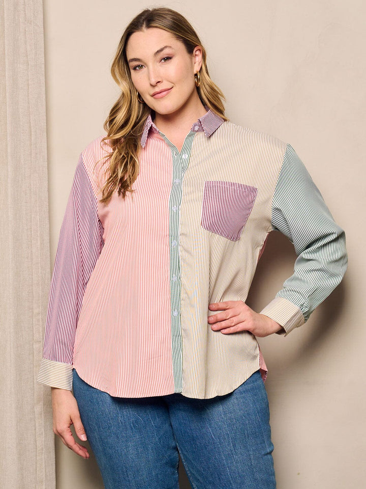 PLUS SIZE LONG SLEEVE BUTTON UP FRONT POCKET COLORBLOCK STRIPES TOP