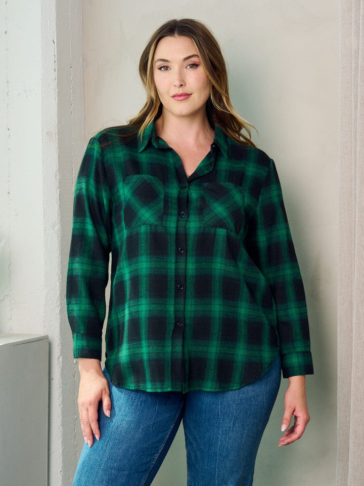 PLUS SIZE LONG SLEEVE BUTTON UP PLAID TOP