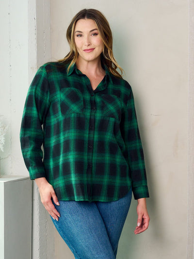 PLUS SIZE LONG SLEEVE BUTTON UP PLAID TOP