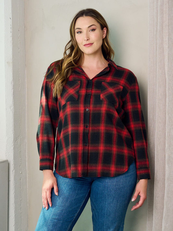 PLUS SIZE LONG SLEEVE BUTTON UP PLAID TOP