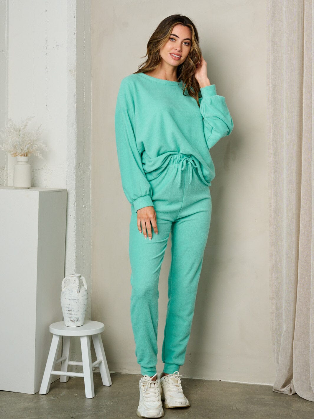 WOMEN'S SELF TIE ELASTIC WAIST FLEECE PANTS