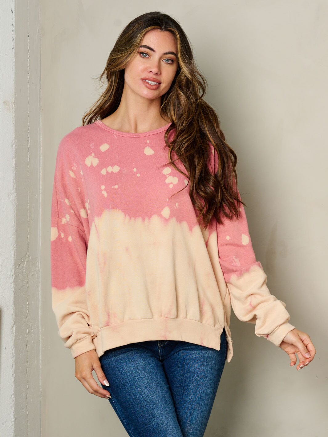 WOMEN'S LONG SLEEVE TIE DYE COLORBLOCK SWEATER