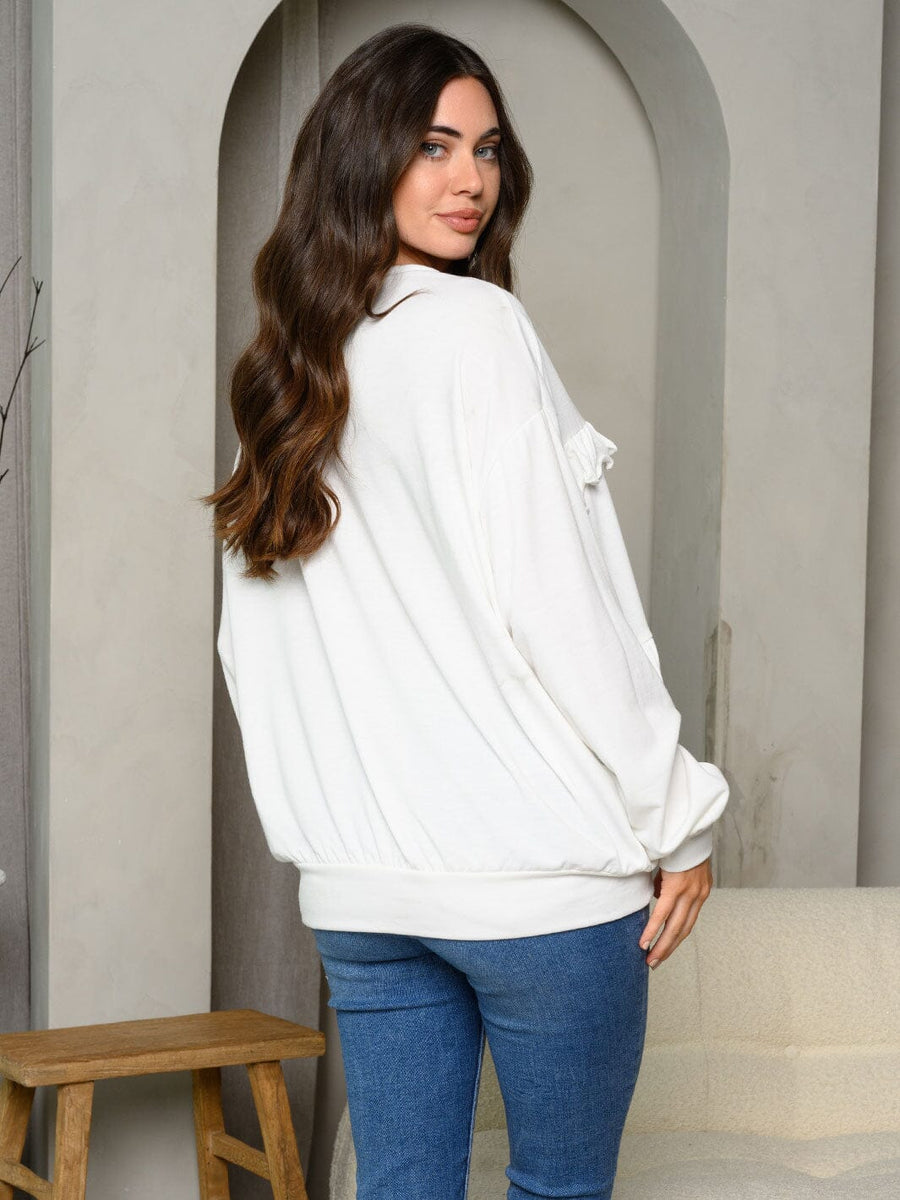 WOMEN'S LONG SLEEVE FRONT RUFFLE SWEATER – Wholesalefashiontrends.com