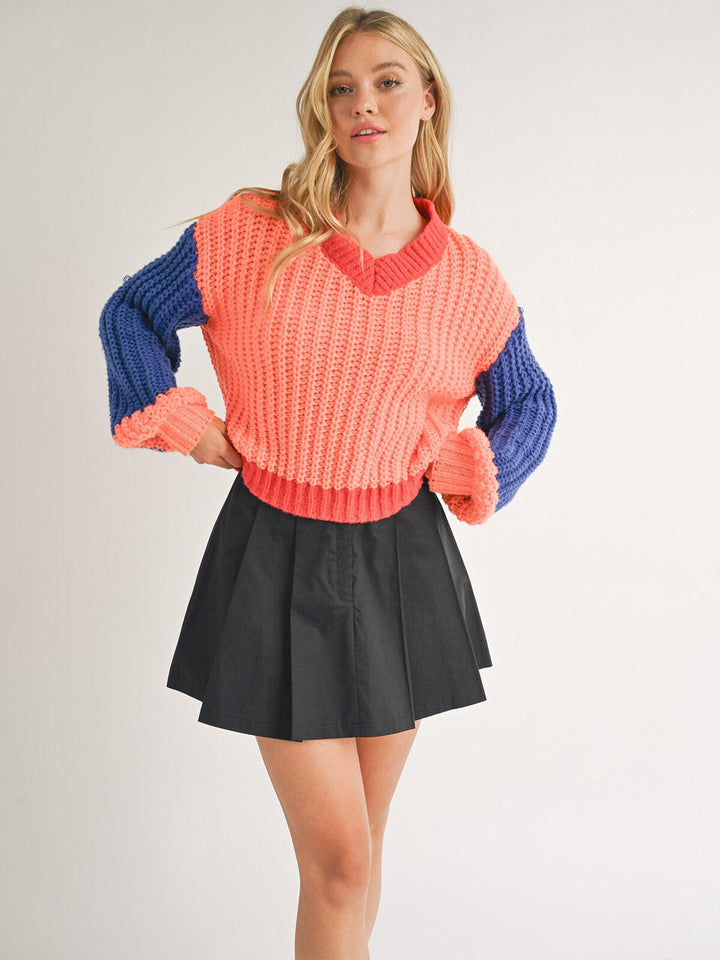 WOMEN'S LONG SLEEVE V-NECK COLORBLOCK PULLOVER SWEATER