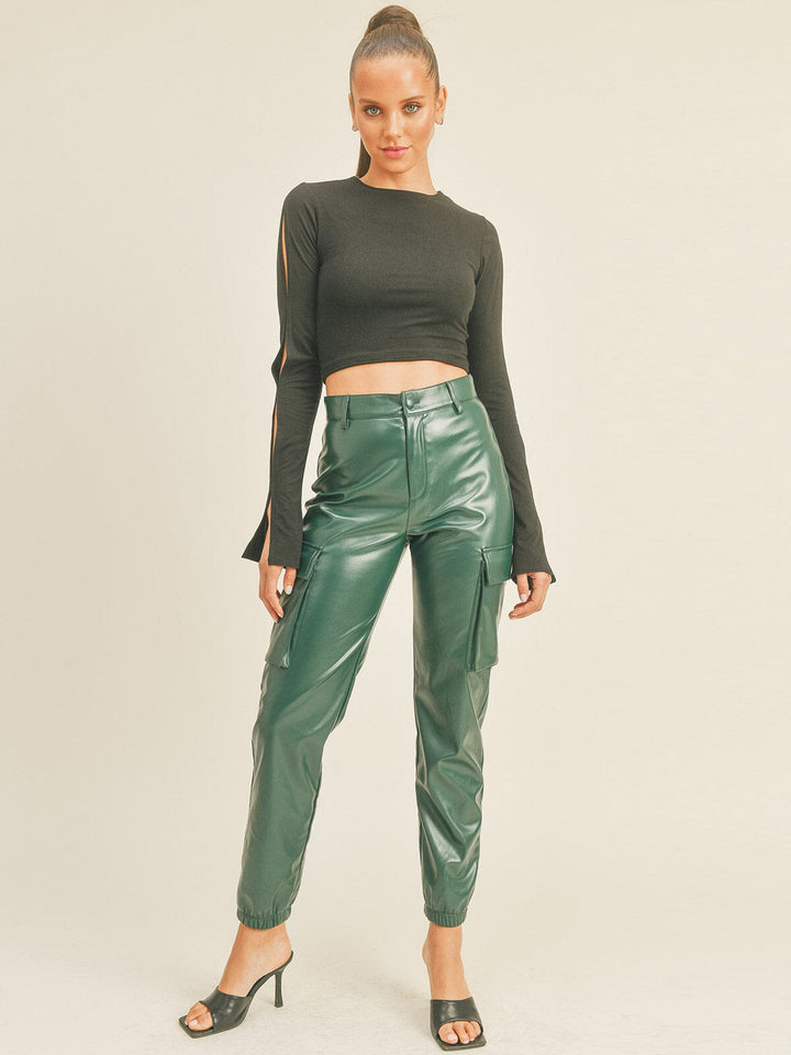 WOMEN'S BUTTON CLOSURE POCKETS SKINNY PU PLEATHER PANTS