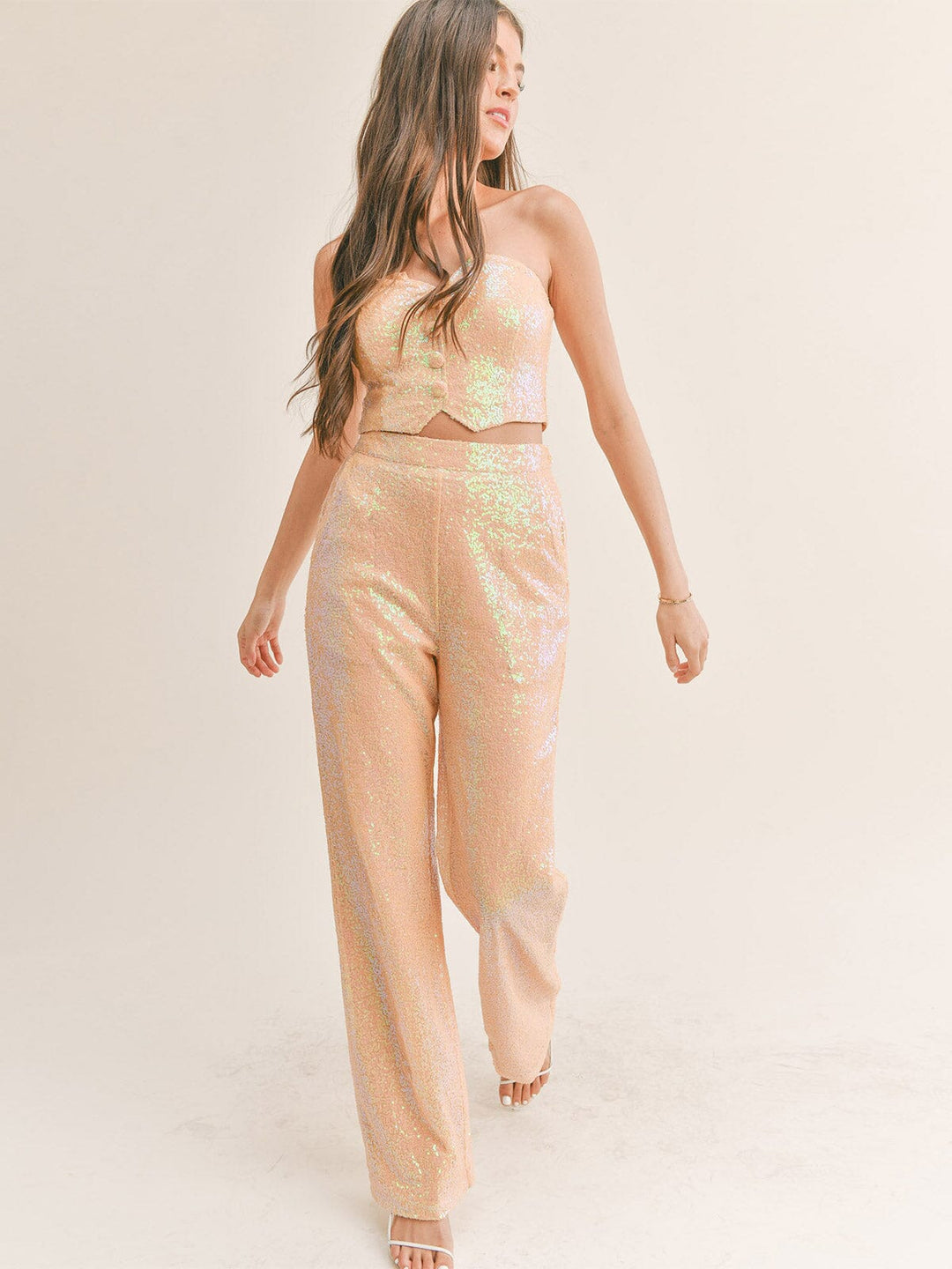 WOMEN'S SLEEVELESS CROP TOP & ELASTIC WAIST PANTS SEQUINS 2PC SET