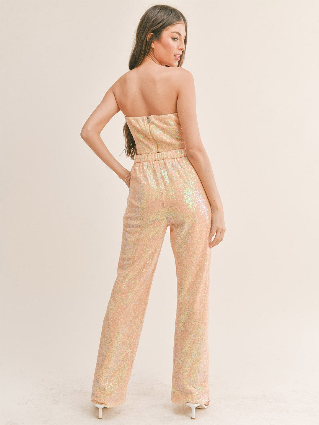 WOMEN'S SLEEVELESS CROP TOP & ELASTIC WAIST PANTS SEQUINS 2PC SET