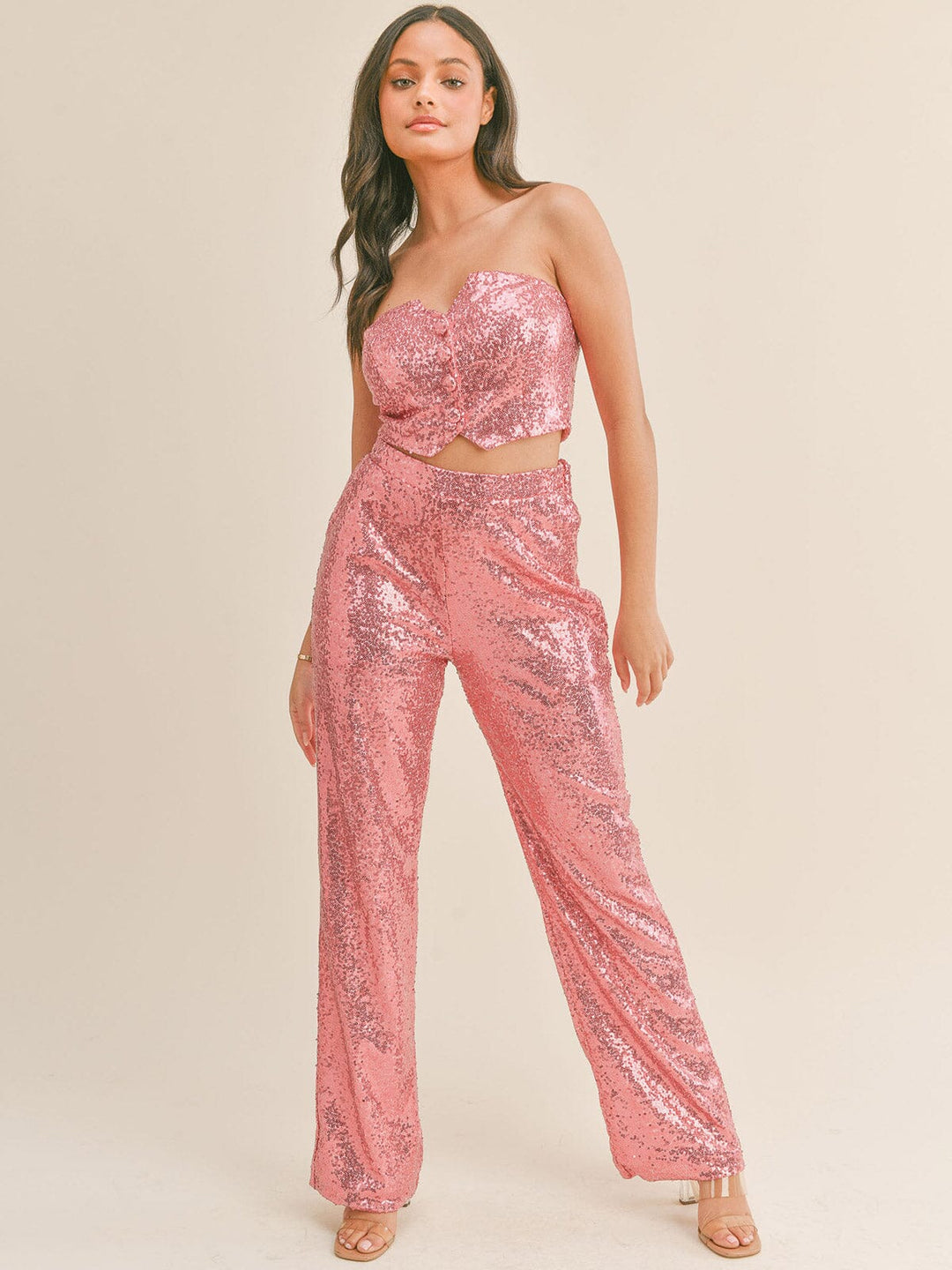 WOMEN'S SLEEVELESS CROP TOP & ELASTIC WAIST PANTS SEQUINS 2PC SET