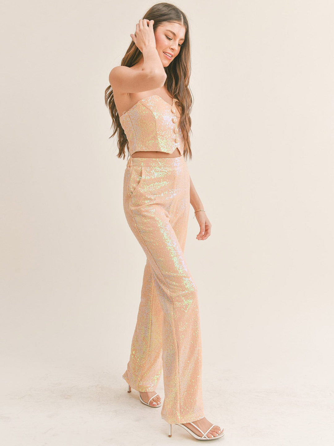 WOMEN'S SLEEVELESS CROP TOP & ELASTIC WAIST PANTS SEQUINS 2PC SET