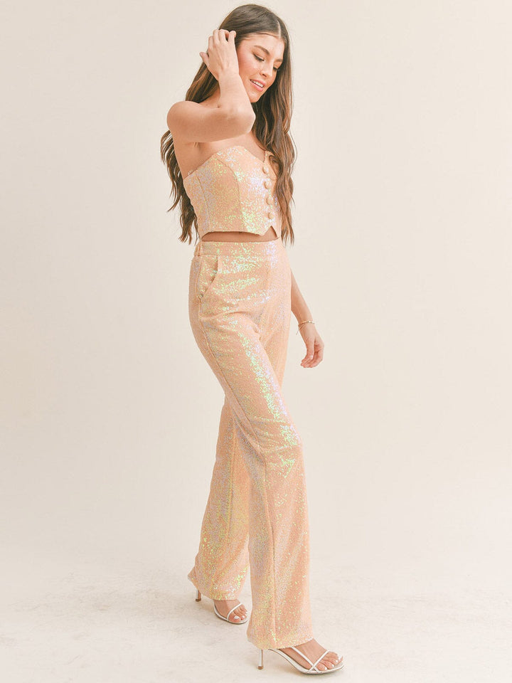 WOMEN'S SLEEVELESS CROP TOP & ELASTIC WAIST PANTS SEQUINS 2PC SET