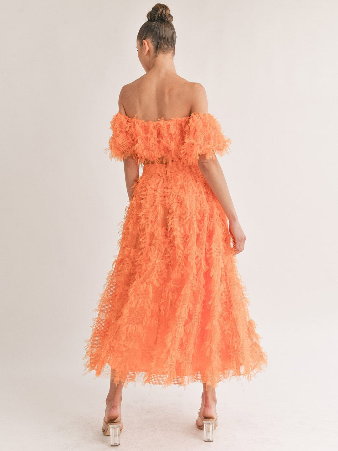 WOMEN'S SLEEVELESS CROP TOP & ZIP UP MAXI SKIRT FRINGE DEATILED 2PC SET