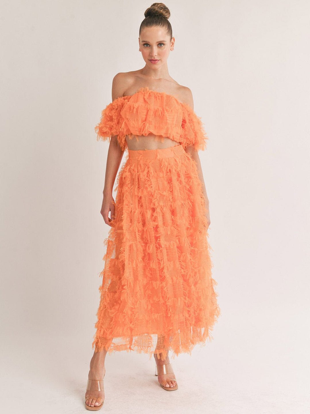 WOMEN'S SLEEVELESS CROP TOP & ZIP UP MAXI SKIRT FRINGE DEATILED 2PC SET