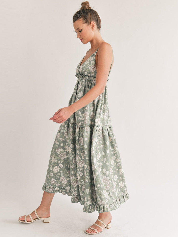 WOMEN'S SLEEVELESS V-NECK OPEN BACK FLORAL MAXI DRESS