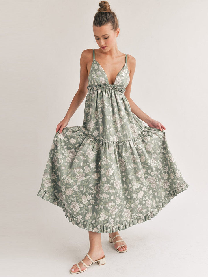 WOMEN'S SLEEVELESS V-NECK OPEN BACK FLORAL MAXI DRESS