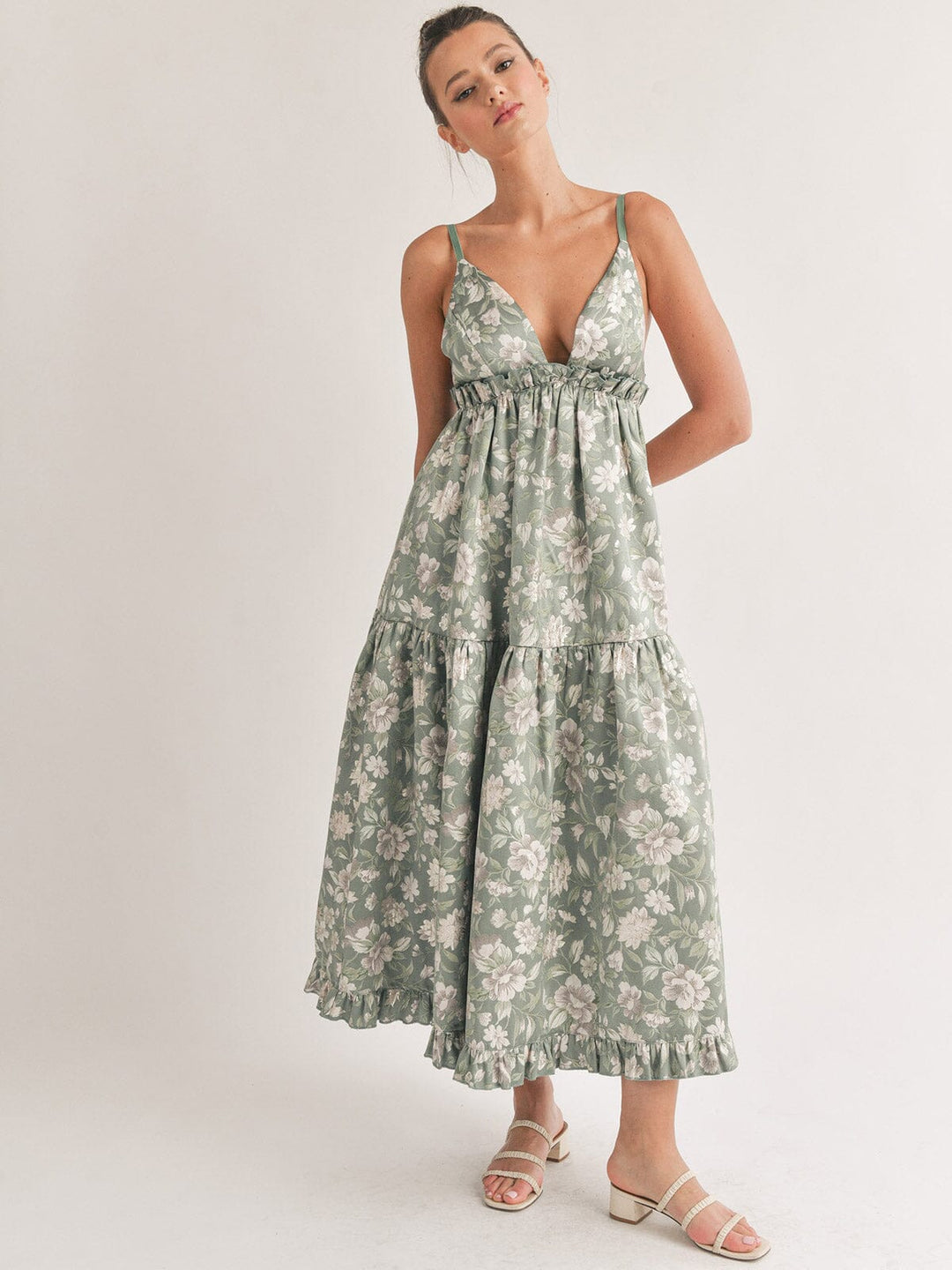 WOMEN'S SLEEVELESS V-NECK OPEN BACK FLORAL MAXI DRESS