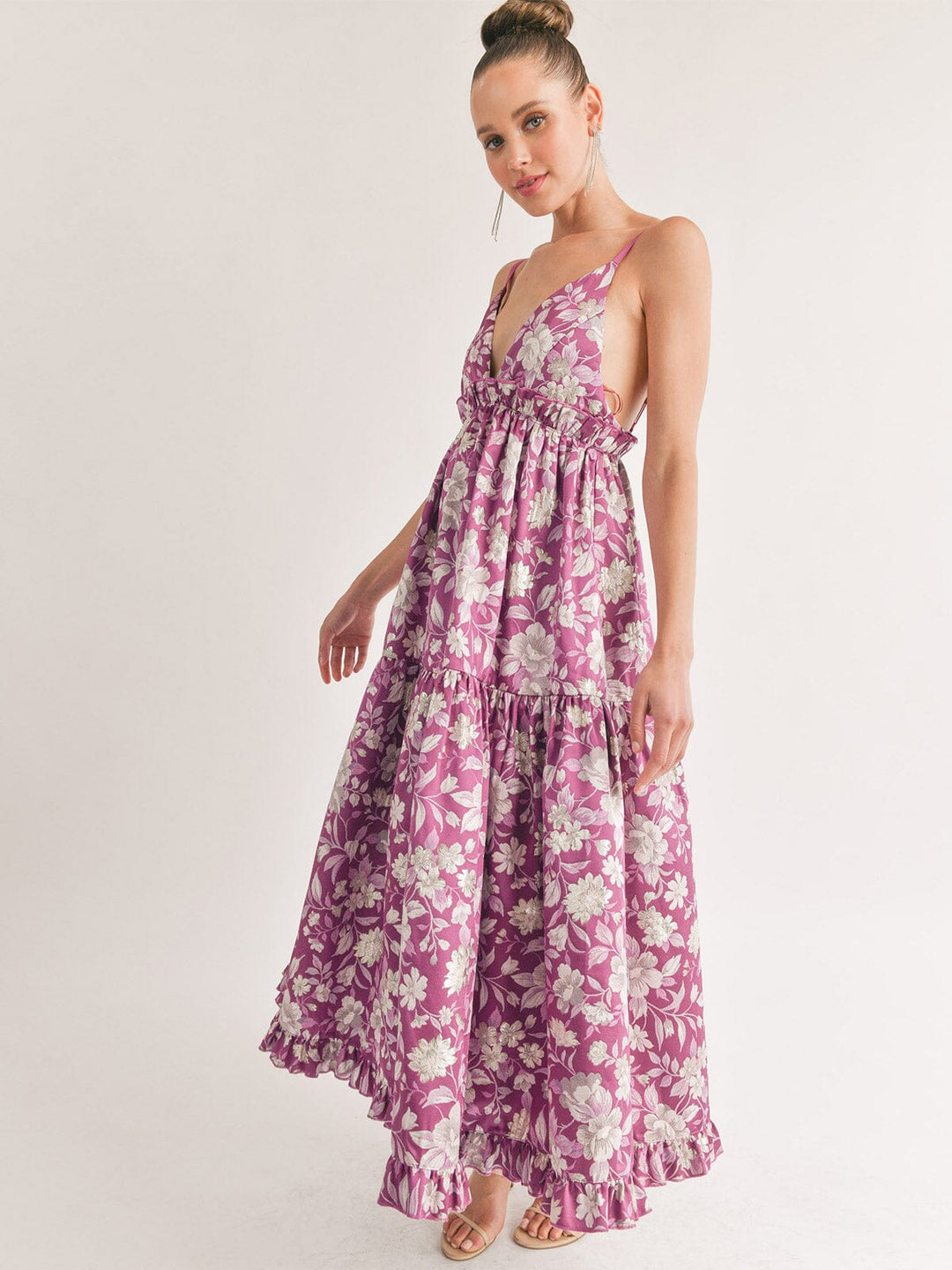 WOMEN'S SLEEVELESS V-NECK OPEN BACK FLORAL MAXI DRESS