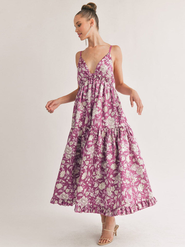 WOMEN'S SLEEVELESS V-NECK OPEN BACK FLORAL MAXI DRESS