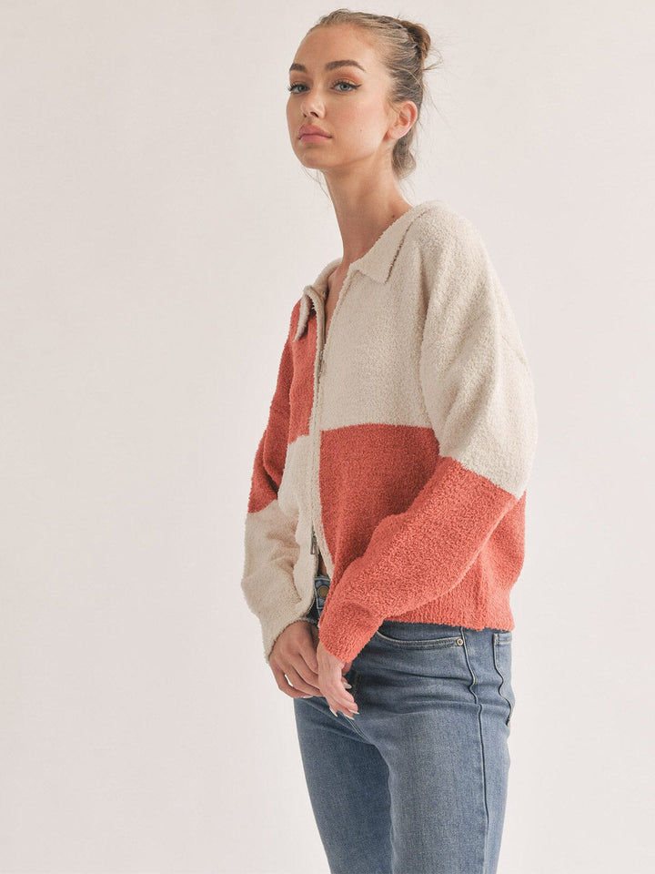 WOMEN'S LONG SLEEVE ZIP UP COLORBLOCK SWEATER