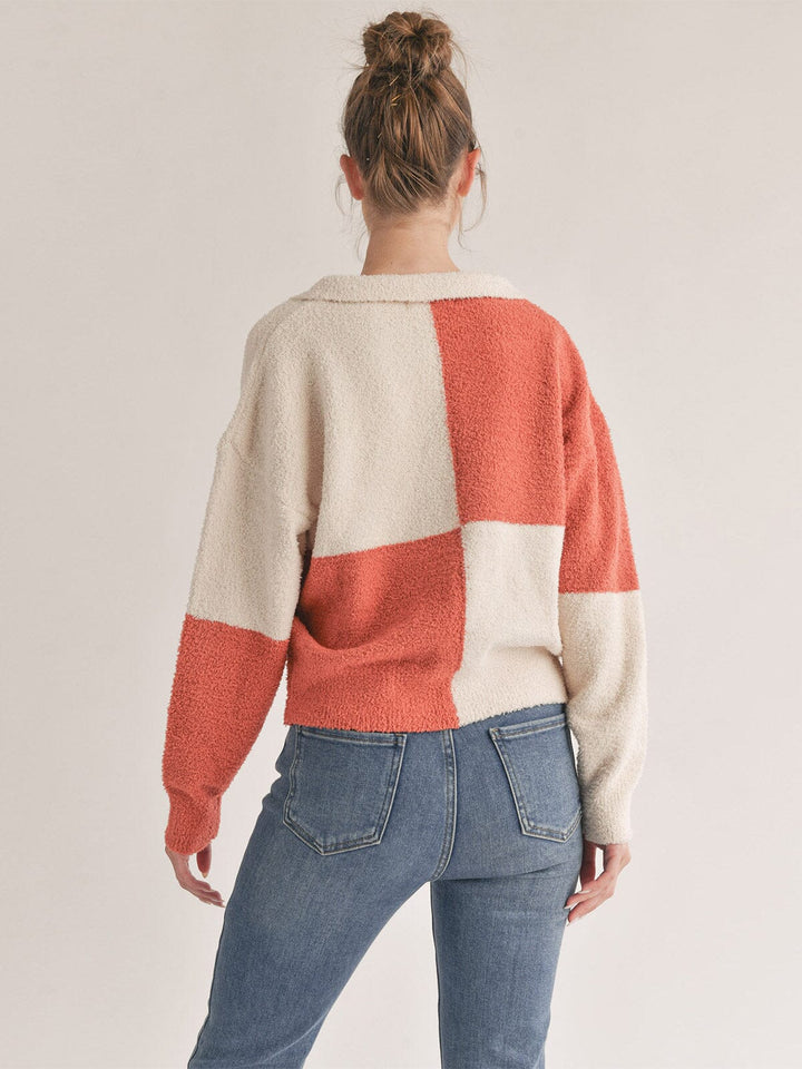 WOMEN'S LONG SLEEVE ZIP UP COLORBLOCK SWEATER