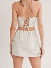 WOMEN'S SLEEVELESS CROP TOP & ZIP UP MINI SKIRT SEQUINS PU PLEATHER DETAILED 2PC SET
