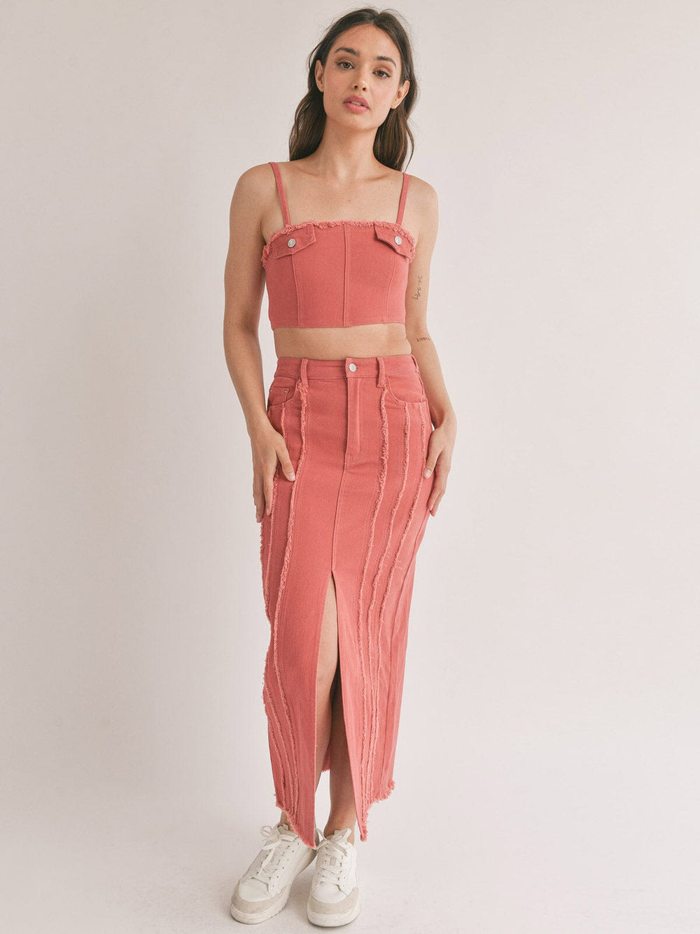 WOMEN'S SLEEVELESS CROP TOP & MAXI SKIRT RUFFLE DEATILED 2PC SET