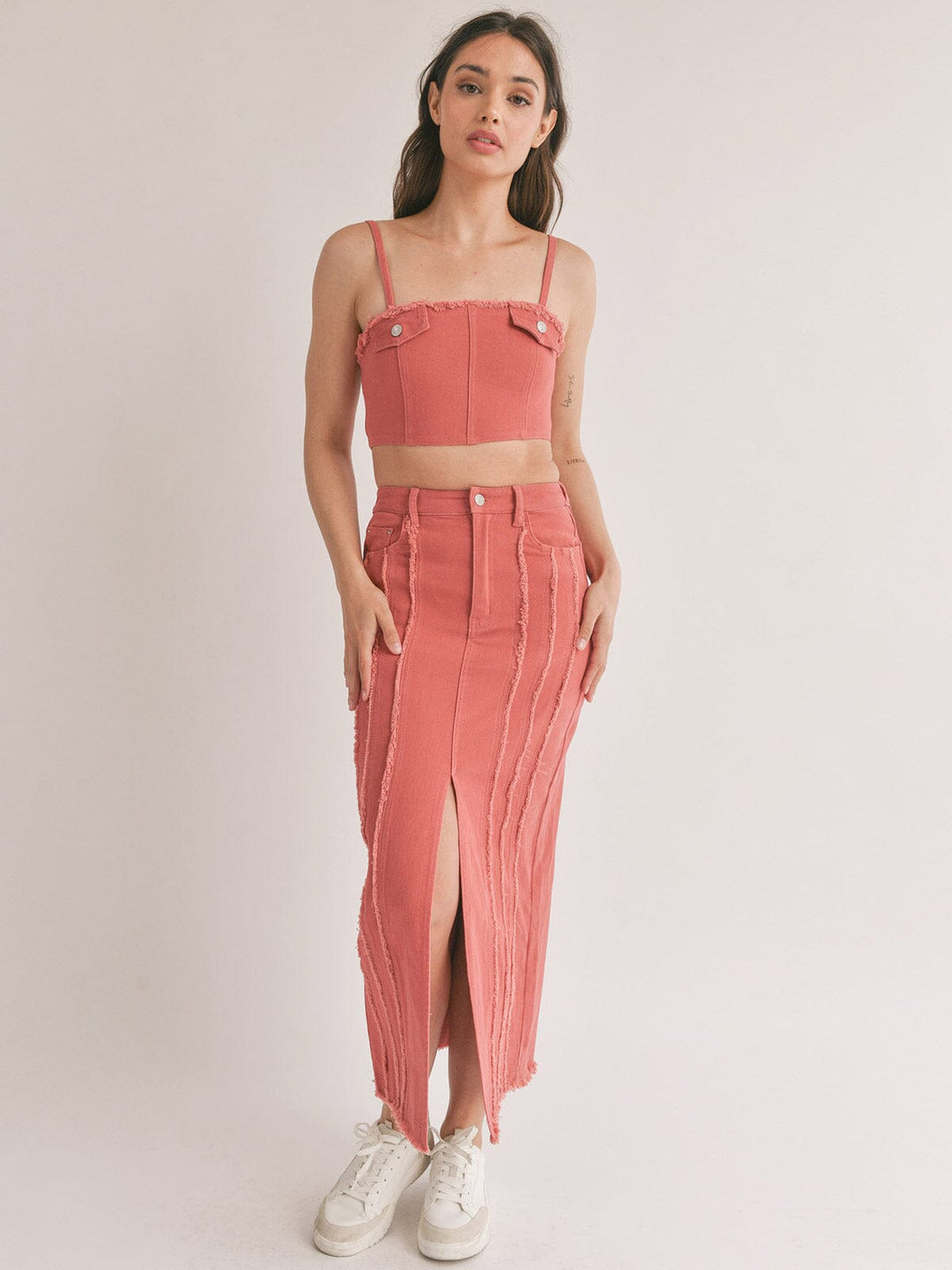 WOMEN'S SLEEVELESS CROP TOP & MAXI SKIRT RUFFLE DEATILED 2PC SET