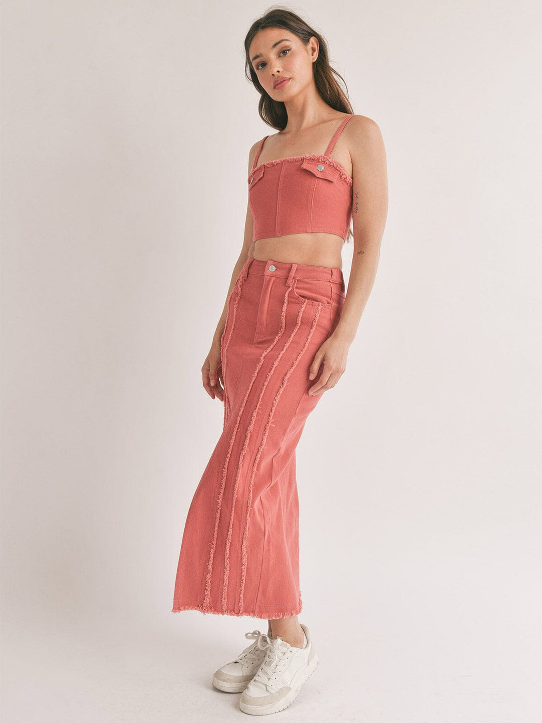 WOMEN'S SLEEVELESS CROP TOP & MAXI SKIRT RUFFLE DEATILED 2PC SET