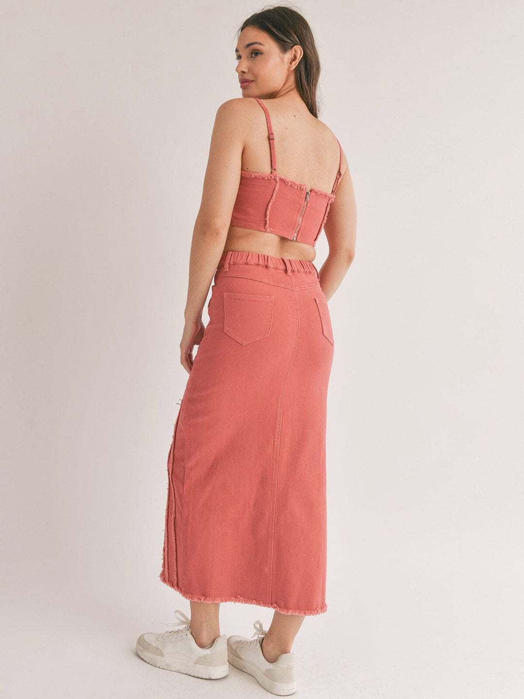 WOMEN'S SLEEVELESS CROP TOP & MAXI SKIRT RUFFLE DEATILED 2PC SET