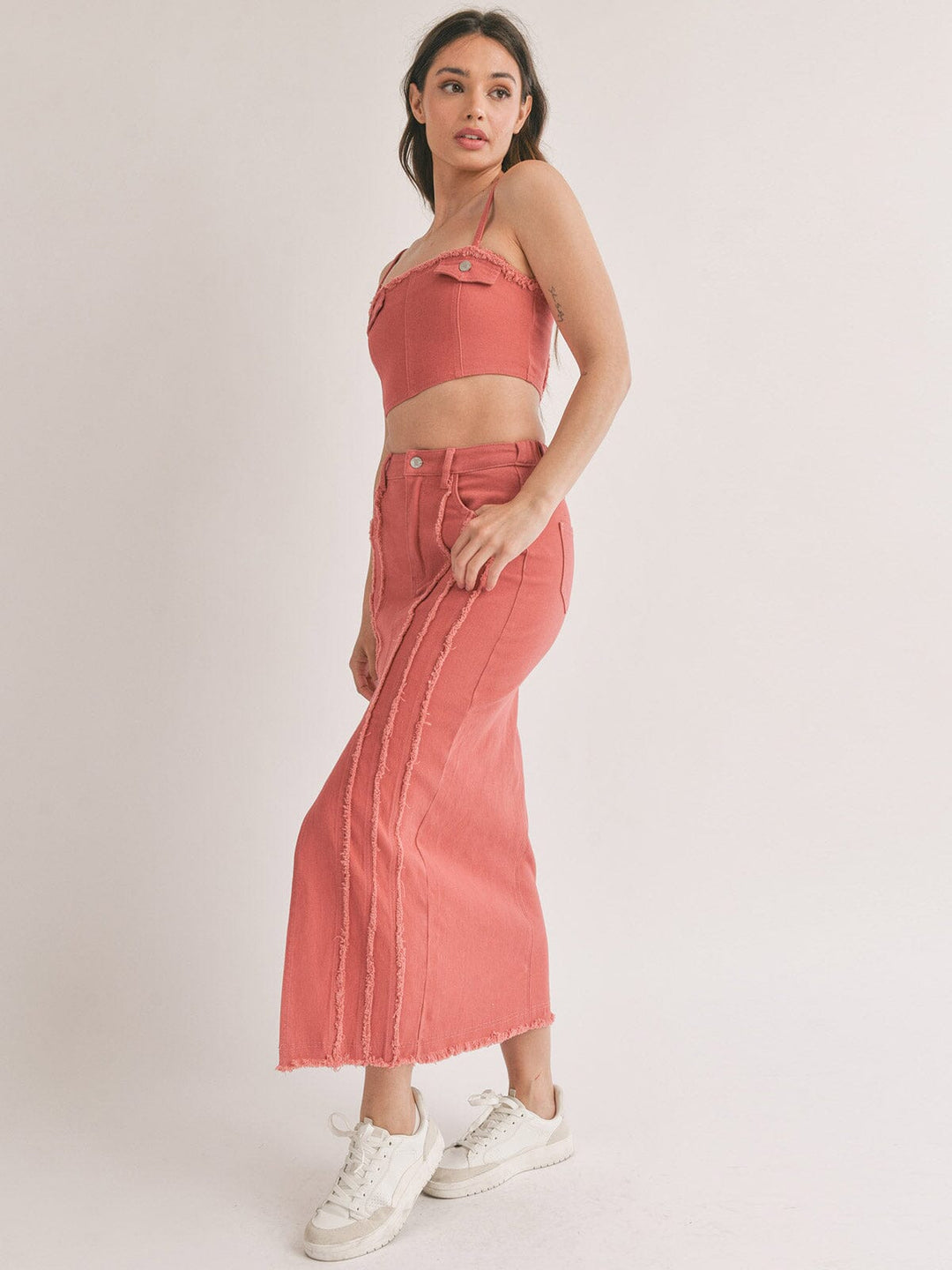 WOMEN'S SLEEVELESS CROP TOP & MAXI SKIRT RUFFLE DEATILED 2PC SET