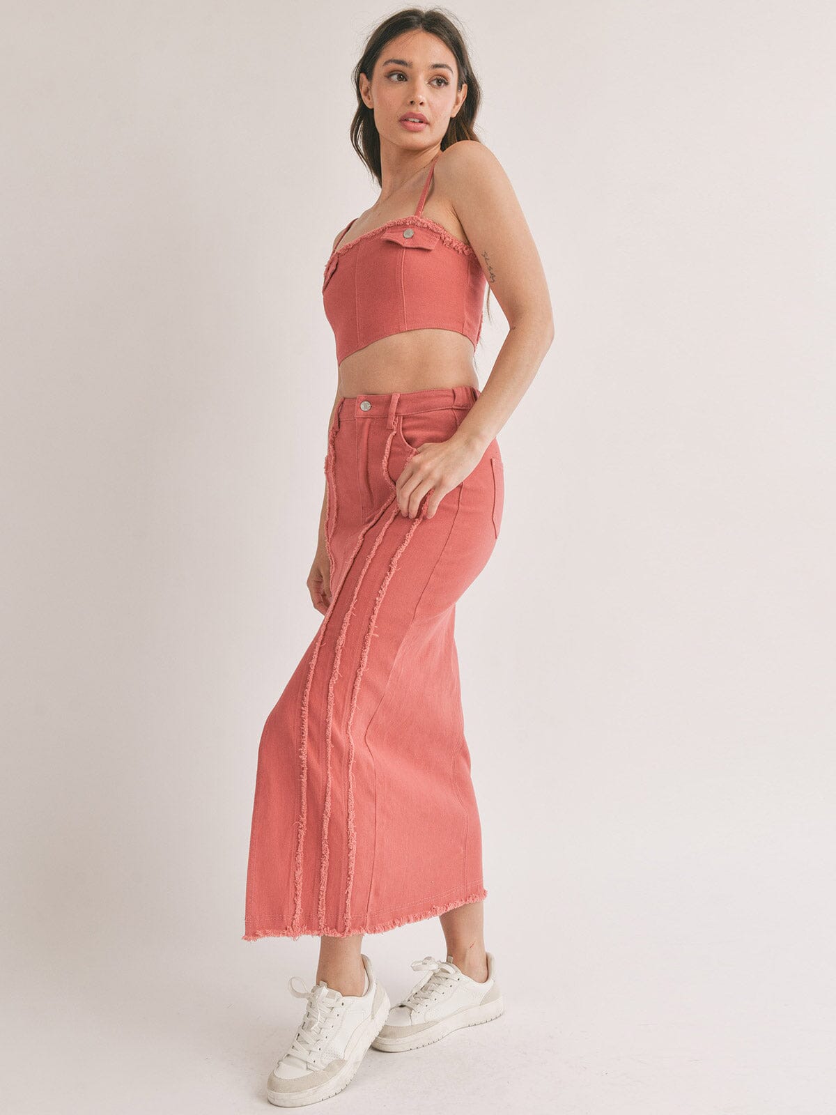 WOMEN'S SLEEVELESS CROP TOP & MAXI SKIRT RUFFLE DEATILED 2PC SET