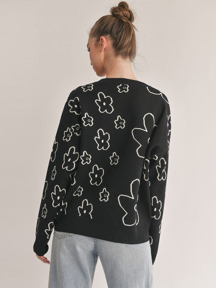 WOMEN'S LONG SLEEVE FLOWER PRINT PULLOVER SWEATER