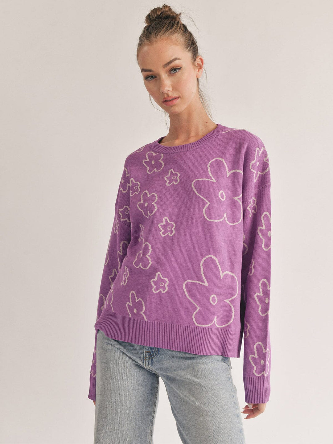 WOMEN'S LONG SLEEVE FLOWER PRINT PULLOVER SWEATER