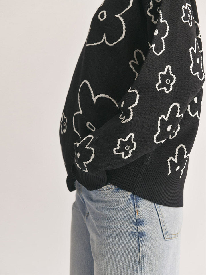 WOMEN'S LONG SLEEVE FLOWER PRINT PULLOVER SWEATER