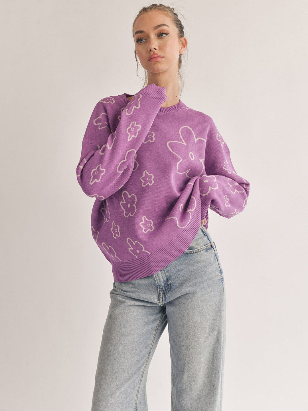 WOMEN'S LONG SLEEVE FLOWER PRINT PULLOVER SWEATER