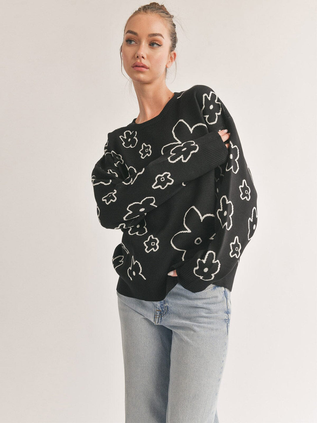 WOMEN'S LONG SLEEVE FLOWER PRINT PULLOVER SWEATER