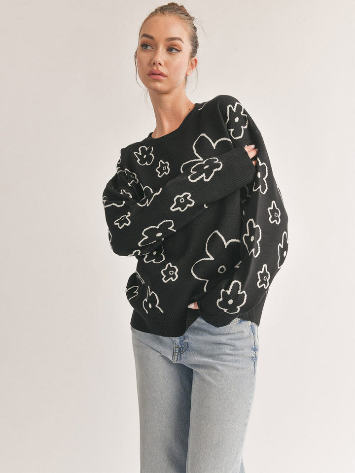 WOMEN'S LONG SLEEVE FLOWER PRINT PULLOVER SWEATER