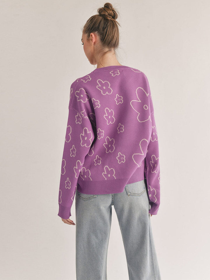 WOMEN'S LONG SLEEVE FLOWER PRINT PULLOVER SWEATER
