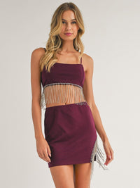 WOMEN'S SLEEVELESS CROP TOP & MINI SKIRT STUDS FRINGE DETAILED 2PC SET