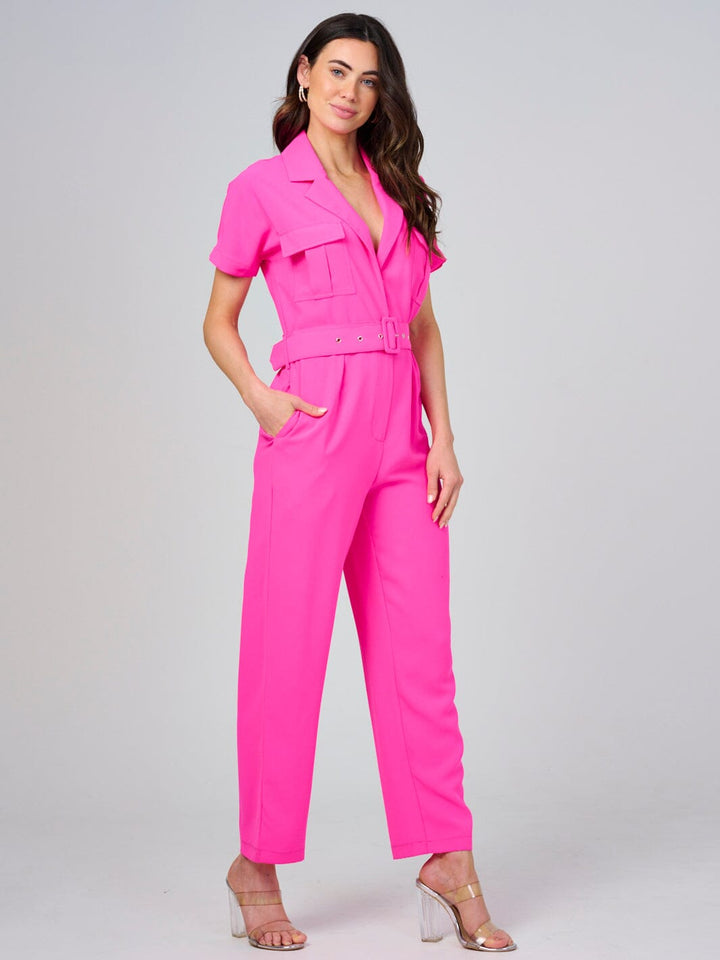 WOMEN'S SHORT SLEEVE BUTTON CLOSURE POCKETS BELTED JUMPSUIT