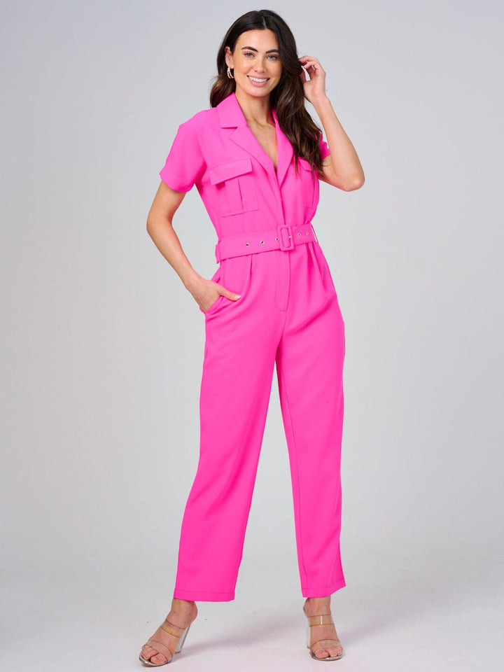 WOMEN'S SHORT SLEEVE BUTTON CLOSURE POCKETS BELTED JUMPSUIT