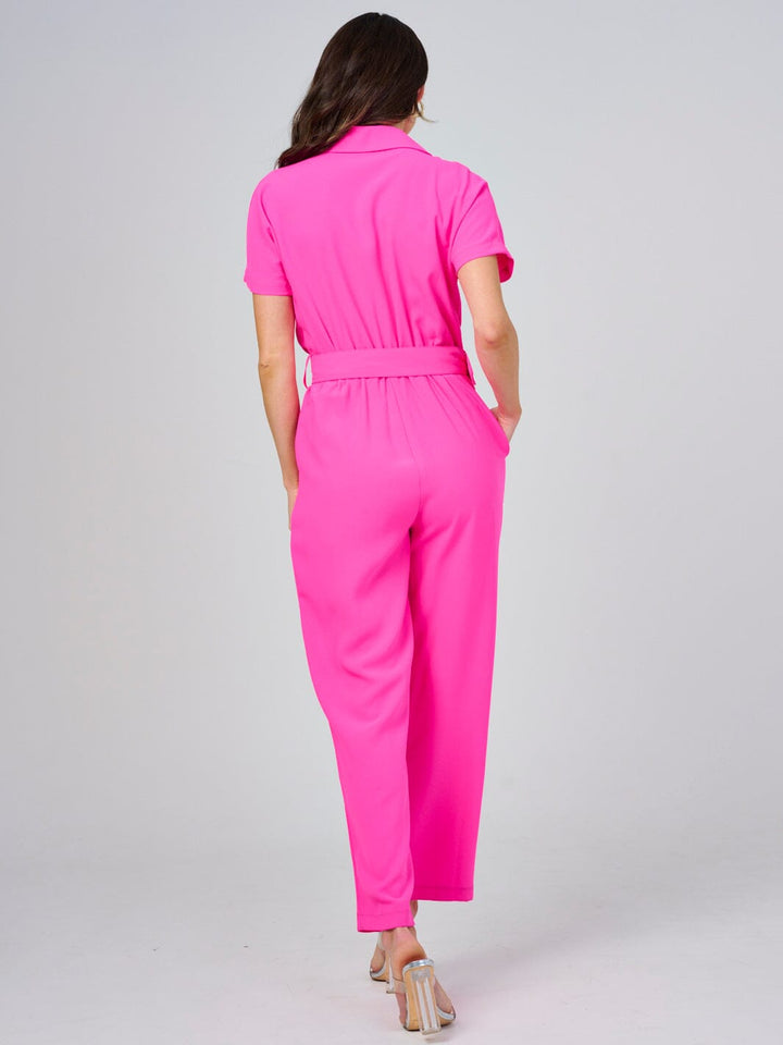 WOMEN'S SHORT SLEEVE BUTTON CLOSURE POCKETS BELTED JUMPSUIT