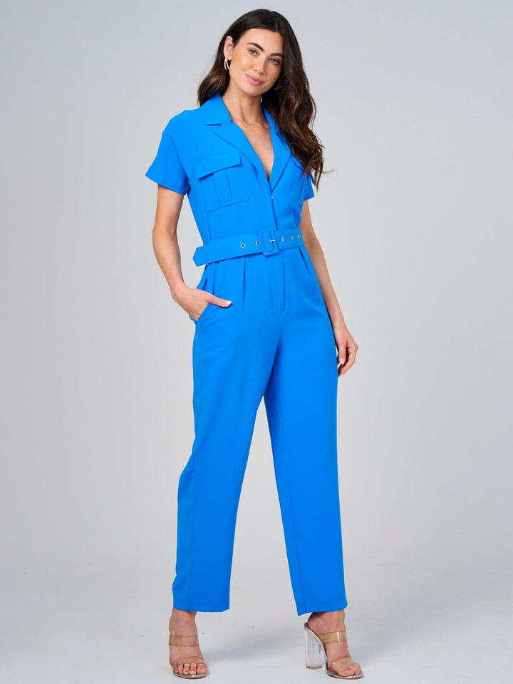 WOMEN'S SHORT SLEEVE BUTTON CLOSURE POCKETS BELTED JUMPSUIT