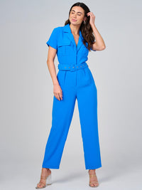WOMEN'S SHORT SLEEVE BUTTON CLOSURE POCKETS BELTED JUMPSUIT