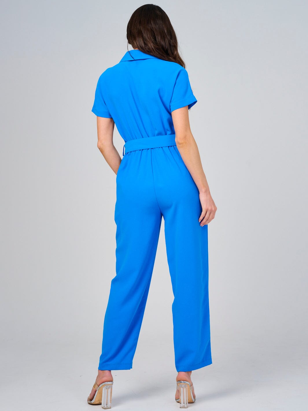 WOMEN'S SHORT SLEEVE BUTTON CLOSURE POCKETS BELTED JUMPSUIT